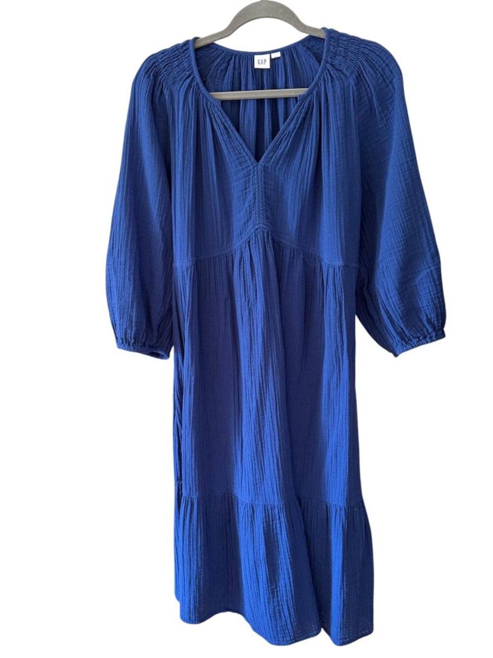 GAP 100% Gauze Cotton Cobalt Blue Midi Tiered Skirt Dress Size M